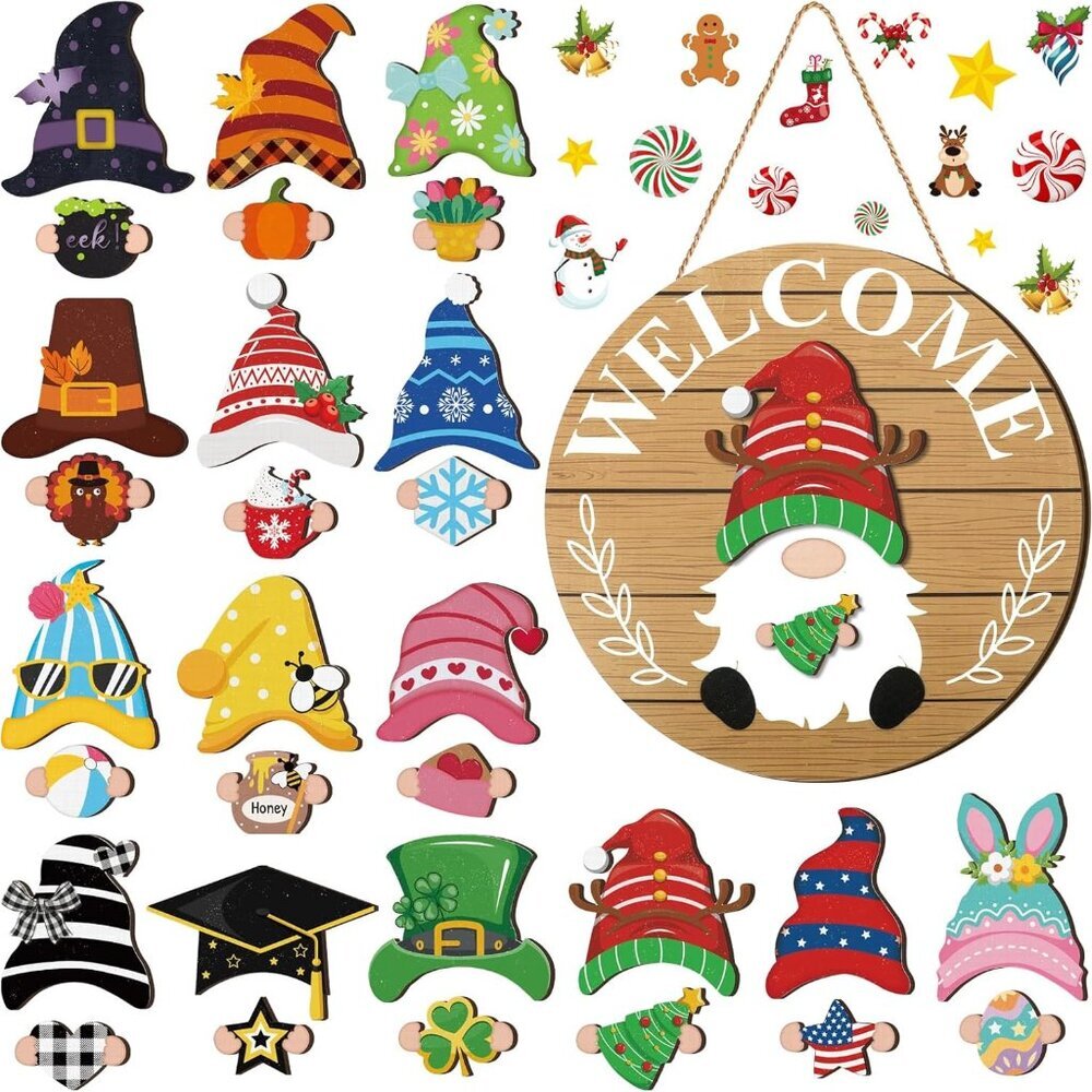 Interchangeable Wooden Gnome Decor Holiday Seasonal Gnome Decorations with Magne